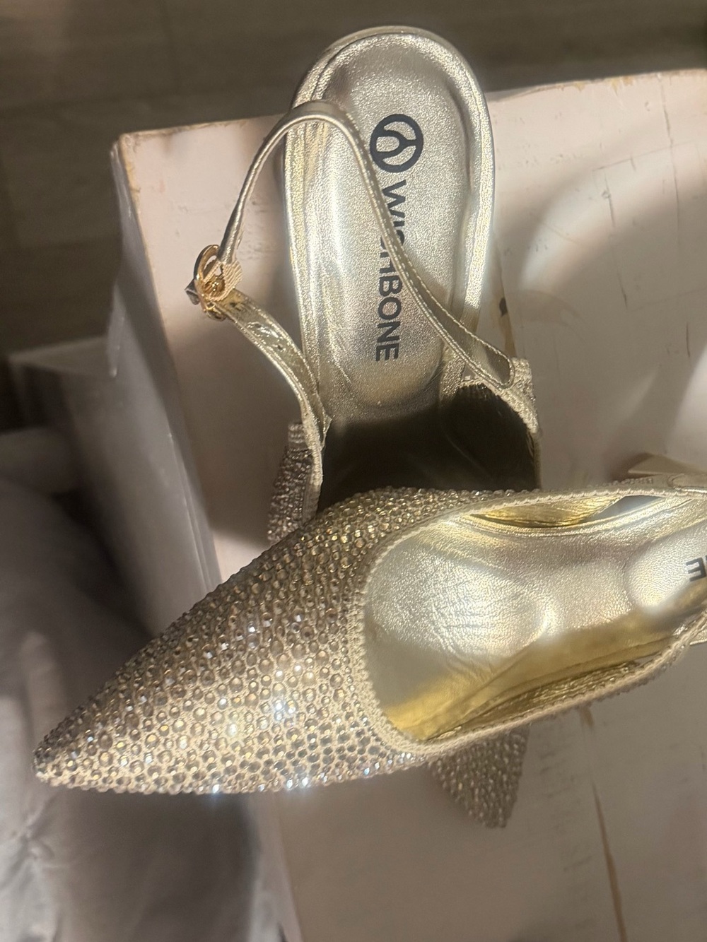 Wish bone  Gold Rhinestone Slingback Heels for Women